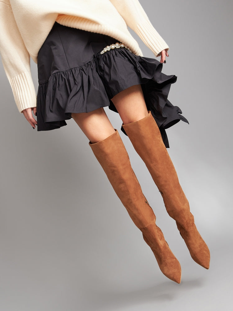 TERRY CD68 Cizme largi peste genunchi, piele intoarsa, toc cui mic