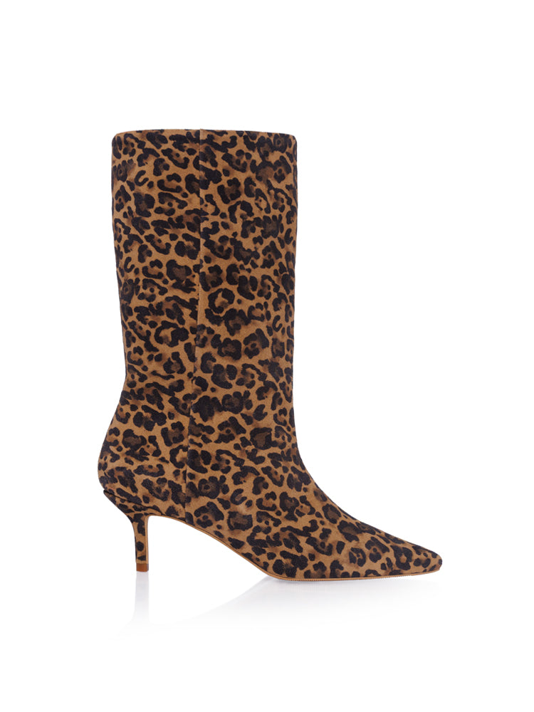 ASTRID CD72 Cizme scurte drepte, piele intoarsa, toc cui mic, leopard print