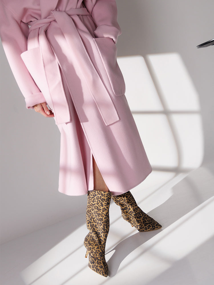 ASTRID CD72 Cizme scurte drepte, piele intoarsa, toc cui mic, leopard print