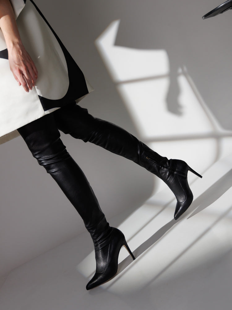 THE MUSE CD28SH Cizme peste genunchi, piele elastica, toc cui inalt, negre